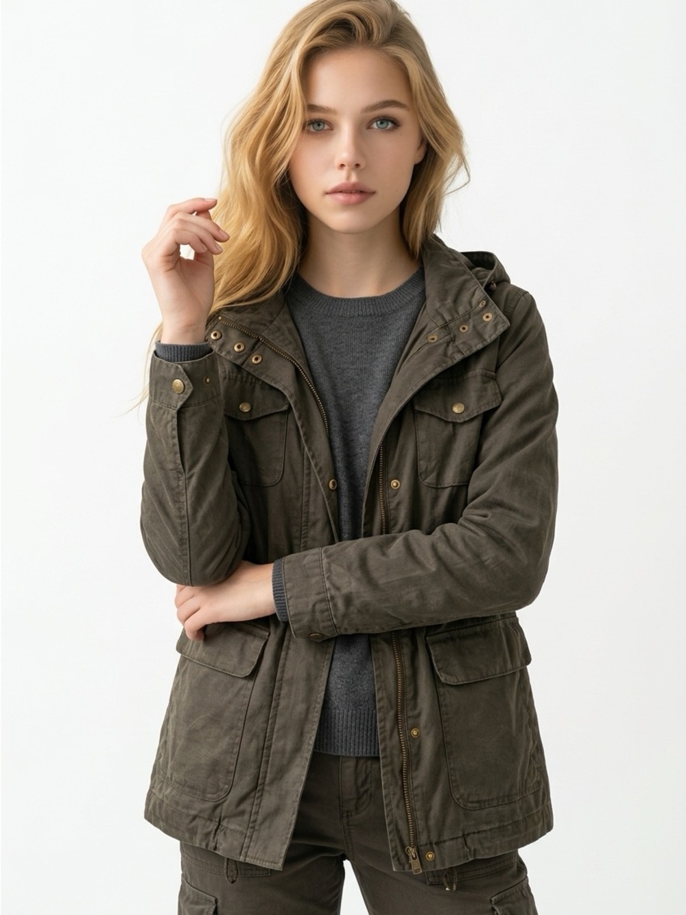 Vince Camuto Olive Green Hooded Utility Jacket
